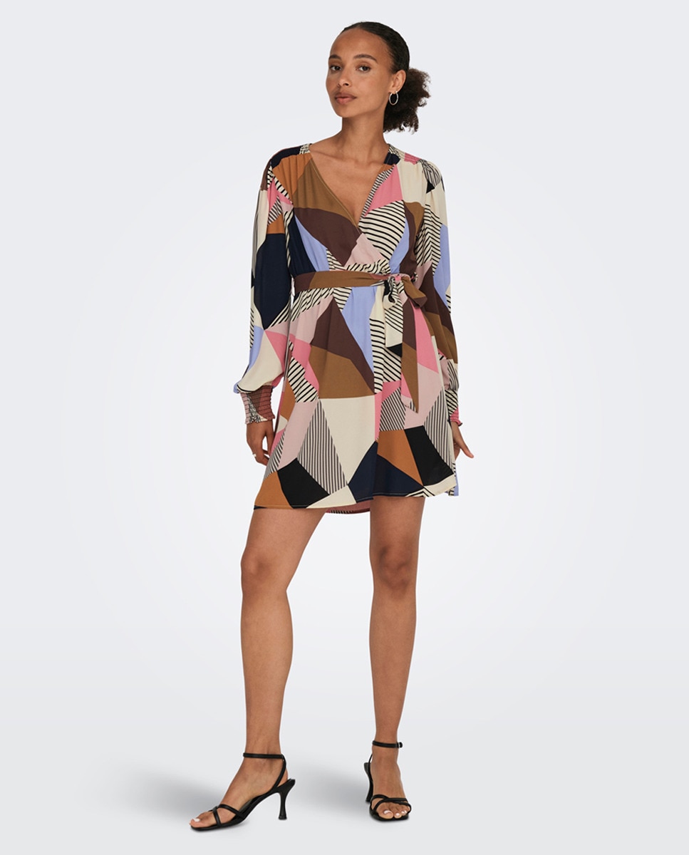 Robe courte portefeuille avec ceinture et manches longues