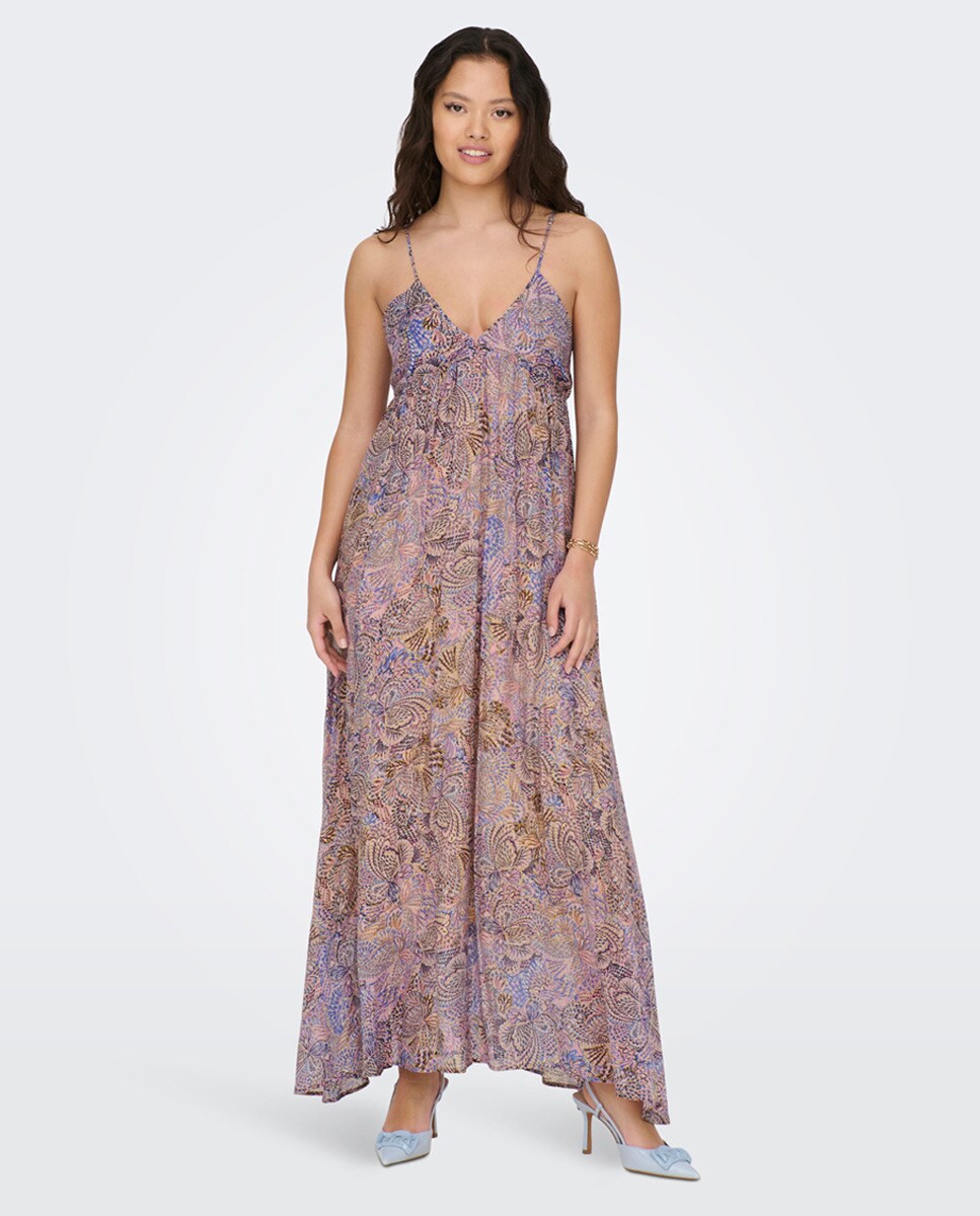 Robe longue à bretelles, encolure en V et dos ou