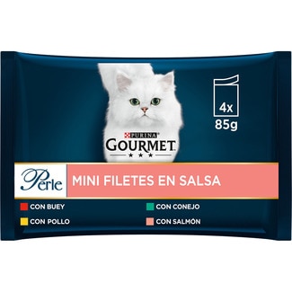 Perle comida húmeda para gato selección de finas láminas de carne y pescado 4 bolsas 85 g con buey, pollo, conejo y salmón - Gourmet