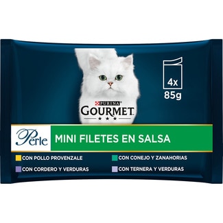 Perle comida húmeda para gatos Mini filetes en Salsa con Verduras 4 bolsas 85 g - Gourmet