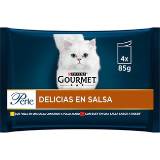 Perle comida húmeda para gatos Delicias en Salsa con pollo 4 bolsas 85 g - Gourmet