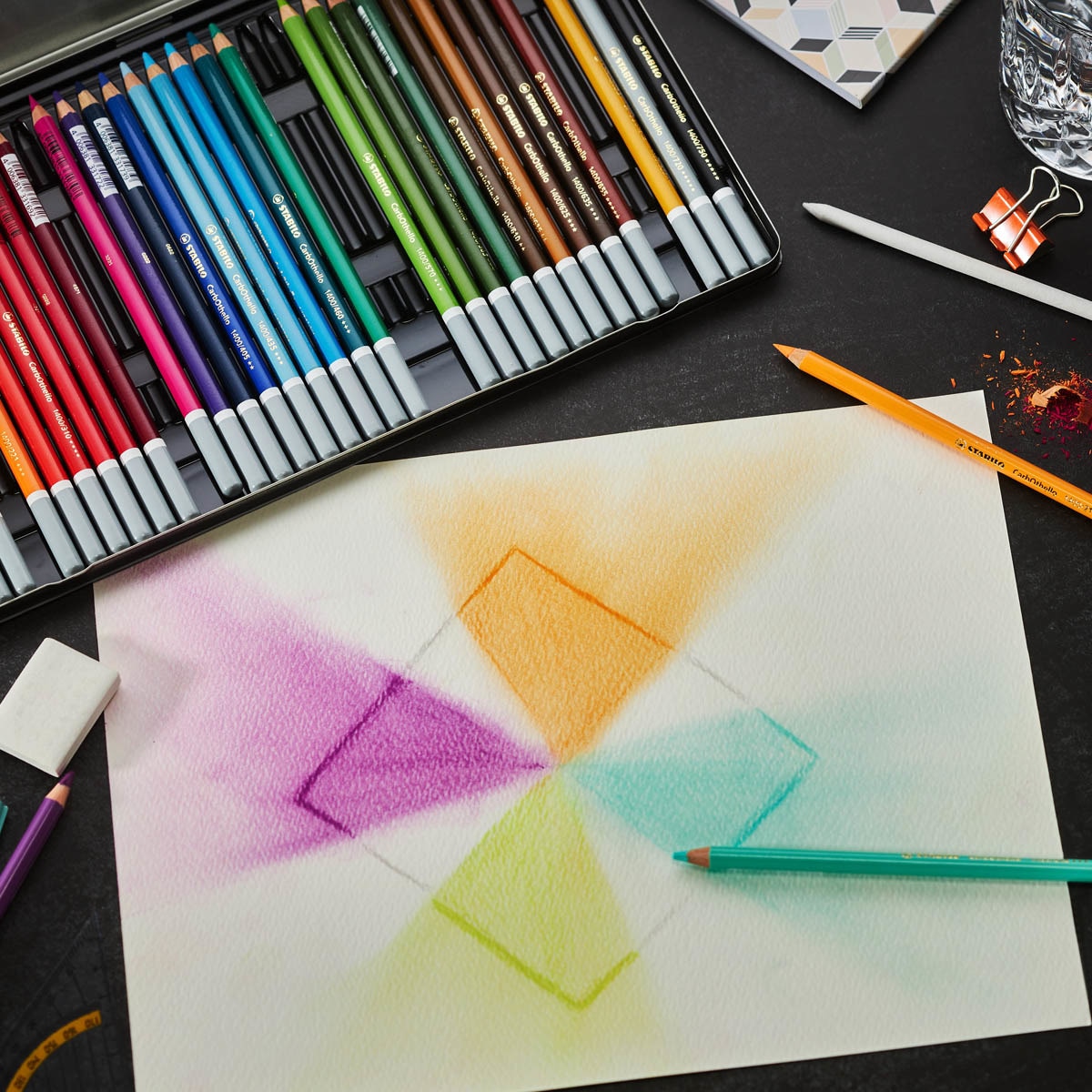 Caja metálica 24 colores + Lápiz de color tiza-pastel STABILO CarbOthello ARTY Negro-5