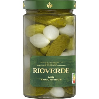 mix de encurtidos cebollitas y pepinillos en vinagre de vino frasco 680 g - Rioverde