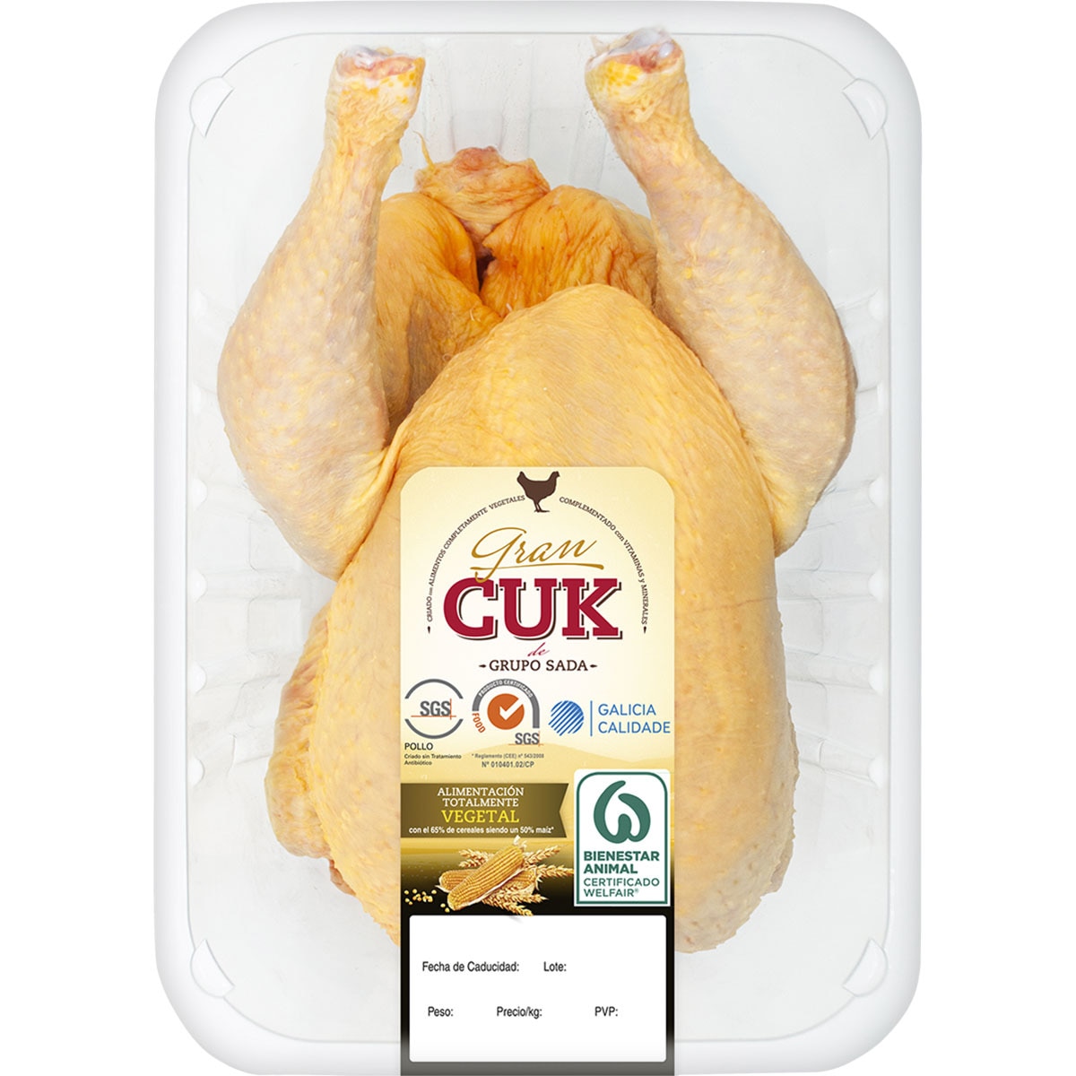 pollo certificado entero limpio listo para asar criado con alimentación vegetal bandeja 1,7 kg peso aproximado