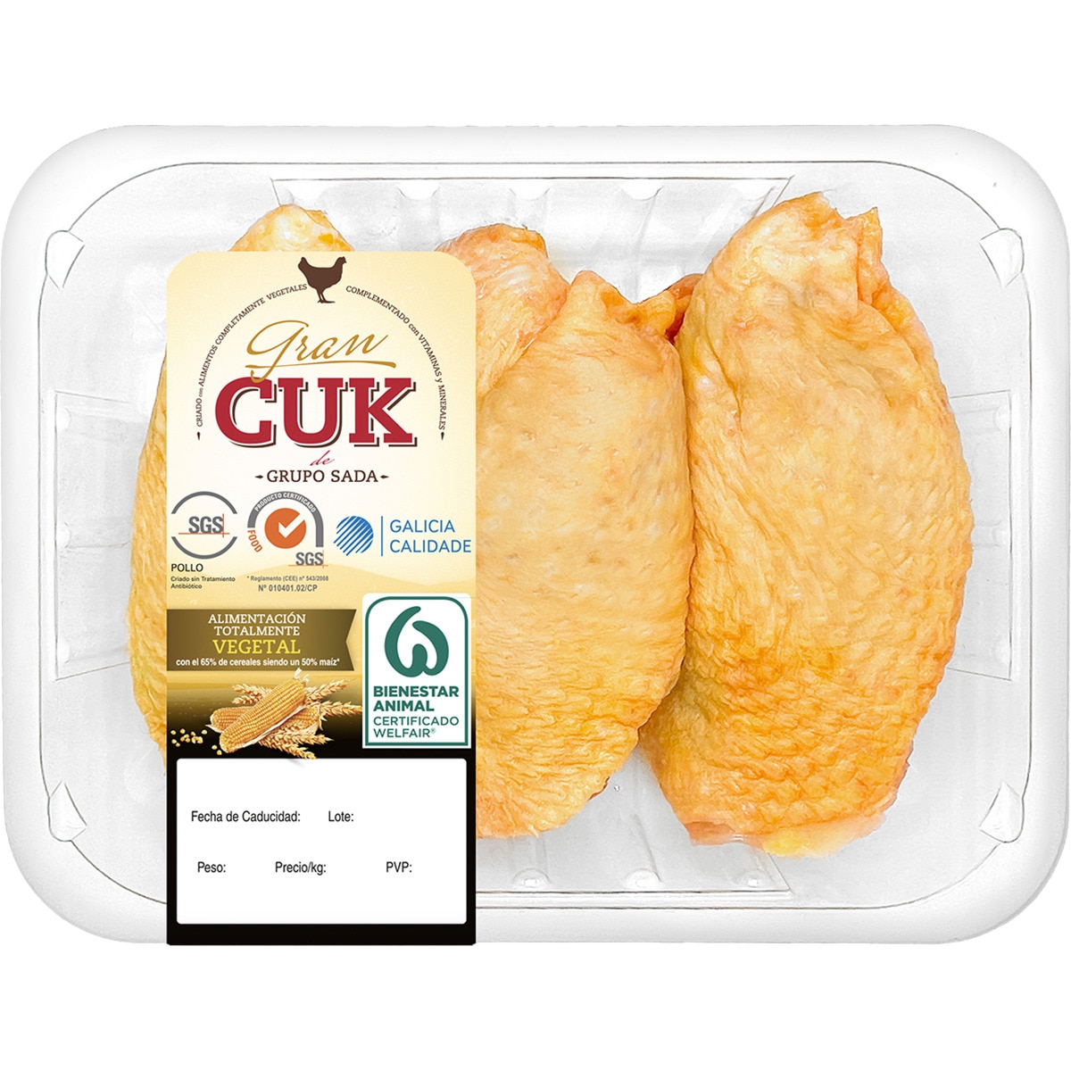 contramuslos con piel de pollo certificado criado con alimentación vegetal bandeja 550 g peso aproximado