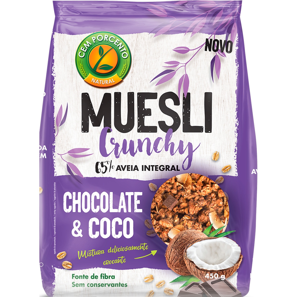 Muesli Crunchy 65% de Aveia Integral Chocolate e Coco embalagem 450 g