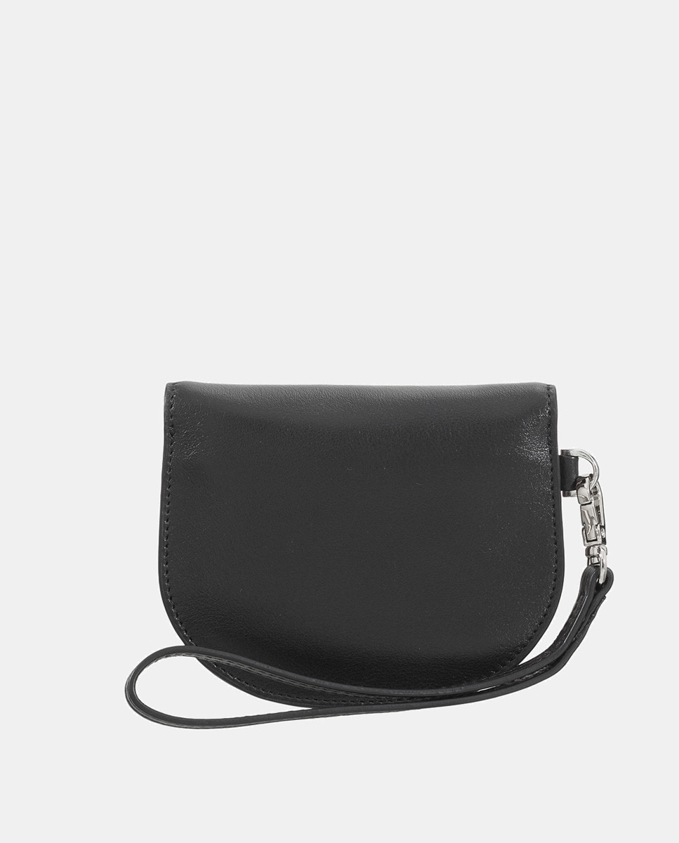 Porta-Moedas Pequeno com Alça e em Pele de Bezerro Tipo Napa - Preto Preto-2