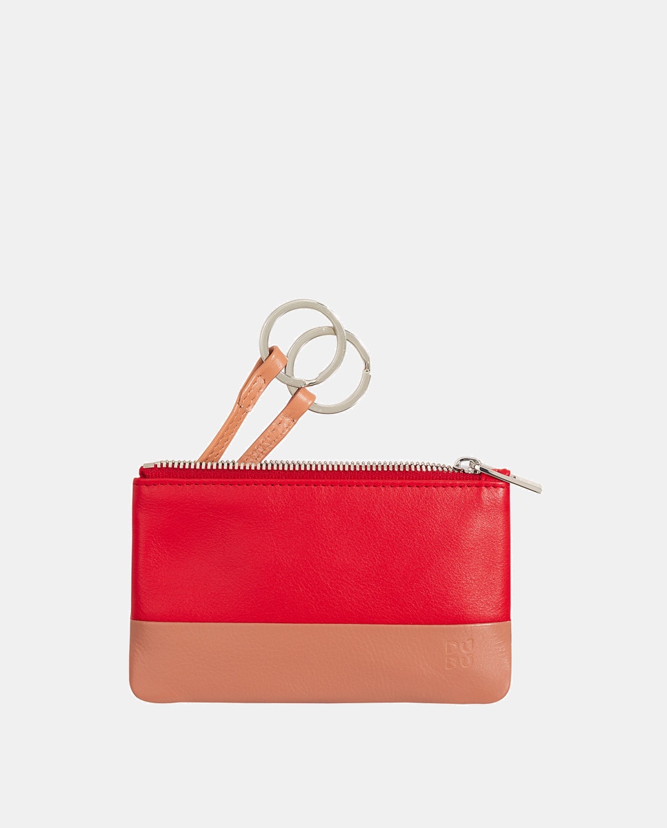  Porta-Moedas com Fecho de Correr, Porta-Chaves e em Pele de Bezerro - Vermelho Vermelho-1