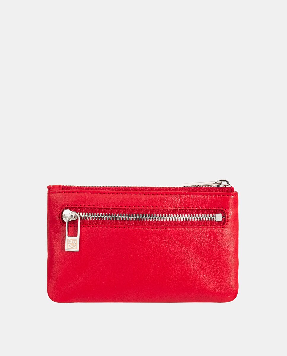  Porta-Moedas com Fecho de Correr, Porta-Chaves e em Pele de Bezerro - Vermelho Vermelho-3