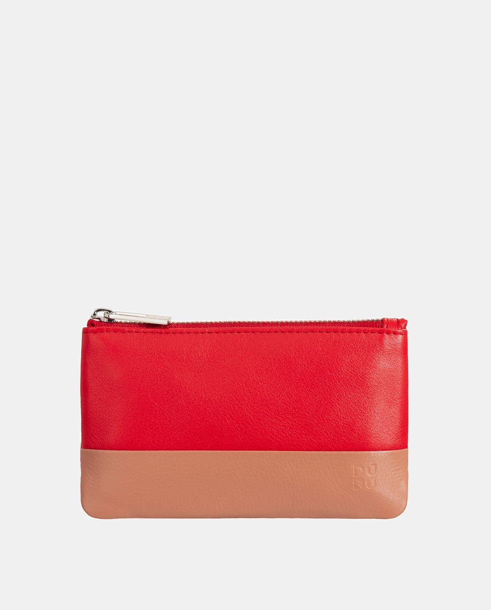  Porta-Moedas com Fecho de Correr, Porta-Chaves e em Pele de Bezerro - Vermelho Vermelho-2