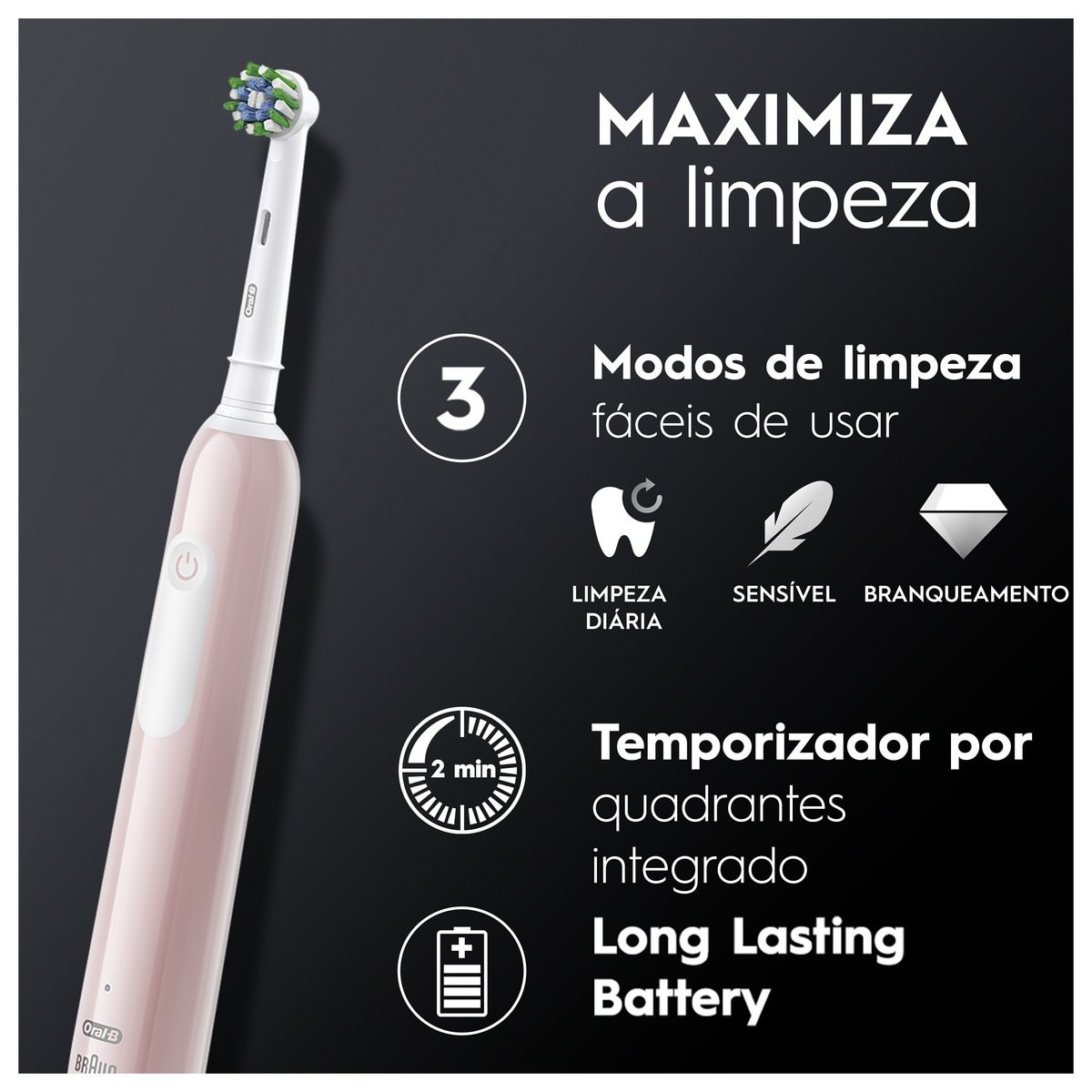Escovas de Dentes Elétrica Oral-B Braun Pro Series 1 - 2 Unidades - Rosa e Preto Preto / Rosa-4