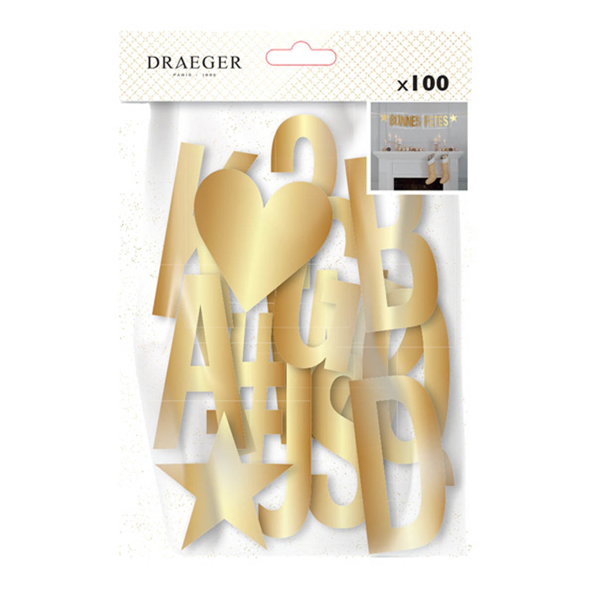 Set de 100 letras y símbolos con cuerda de 8 metros para guirnalda Draeger dorada Dorado-2