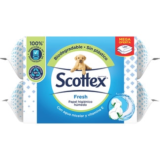 papel higiénico húmedo Fresh con agua micelar y vitamina E pack 2 paquetes 74 unidades - Scottex