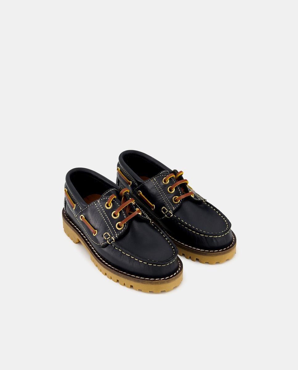 Náutico nacional de pielcon cordones Azul-2