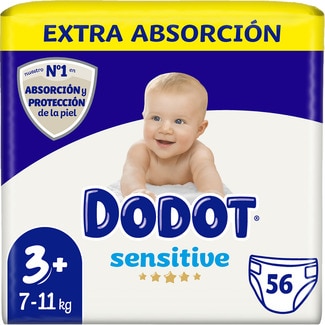 Sensitive pañales Extra Absorción de 7 a 11 kg talla 3+ bolsa 56 unidades - Dodot
