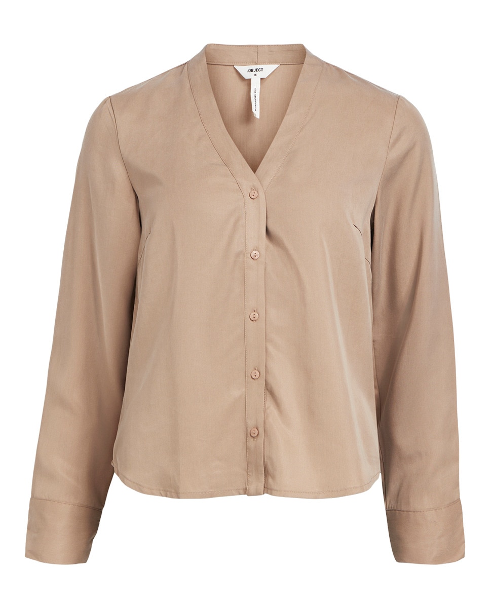 Camisa Fluida com Decote em Bico Caramelo-3