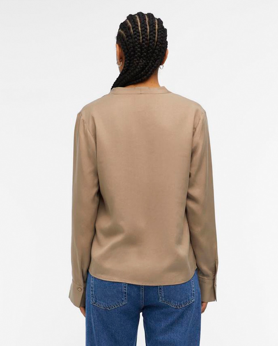 Camisa Fluida com Decote em Bico Caramelo-2