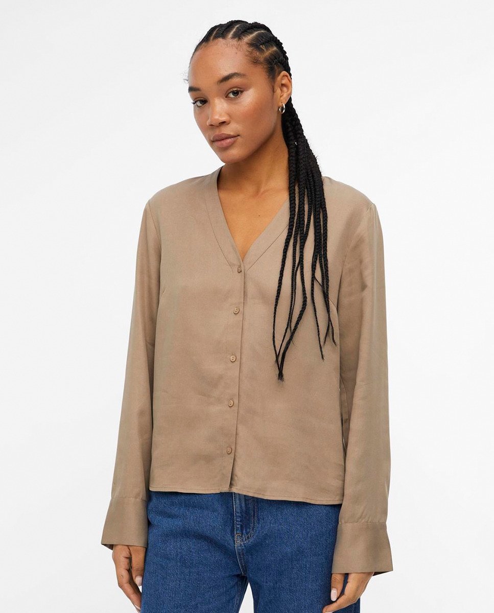 Camisa Fluida com Decote em Bico Caramelo-1