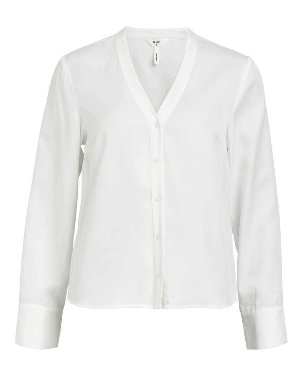 Camisa Fluida com Decote em Bico Branco-3