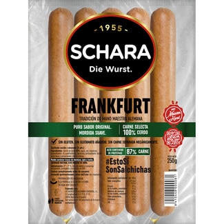 salchichas Frankfurt cocidas y ahumadas de cerdo sin tripa natural 5 piezas envase 250 g sin gluten sin lactosa - Michael Schara