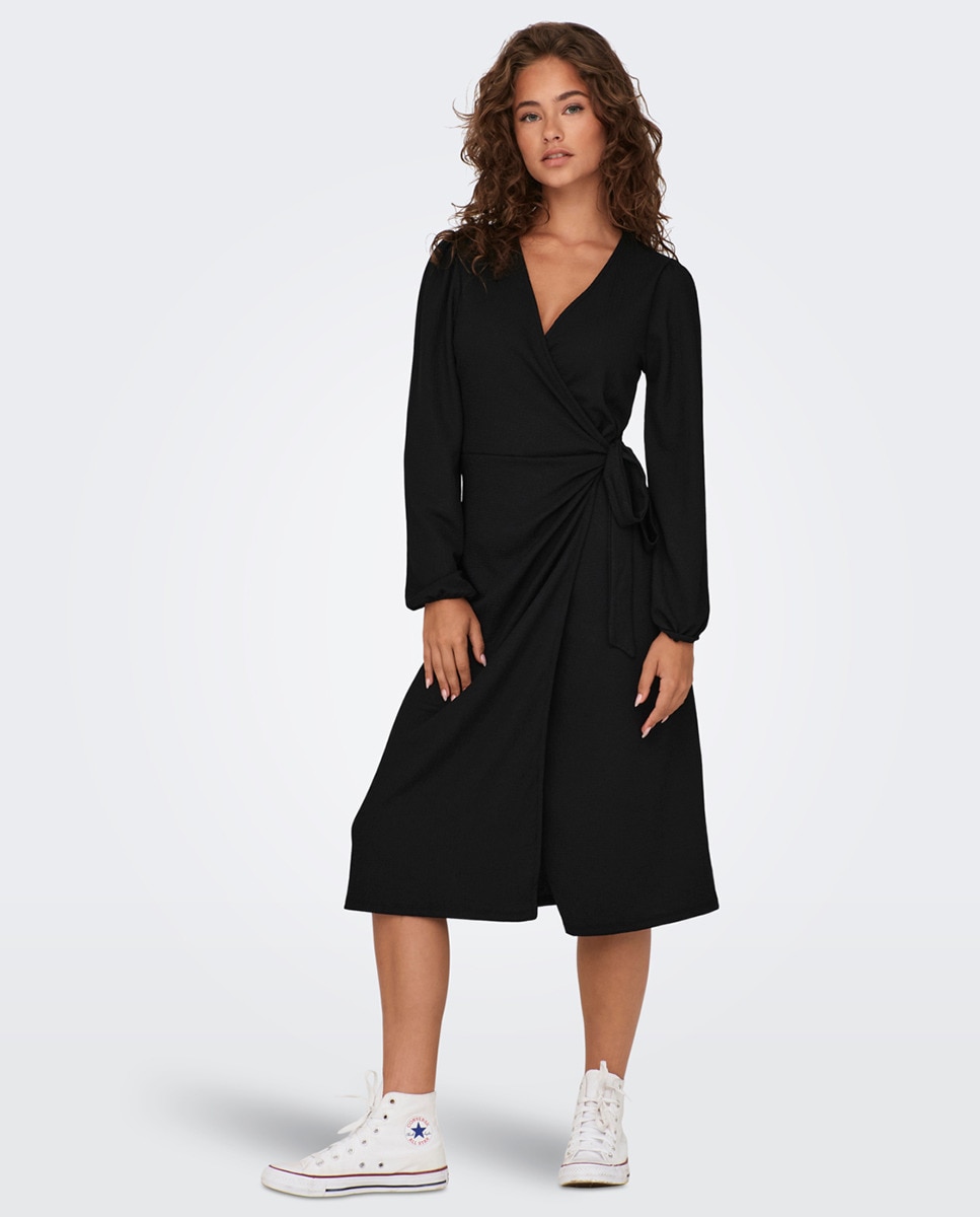 Robe portefeuille midi à encolure en V et manches longues