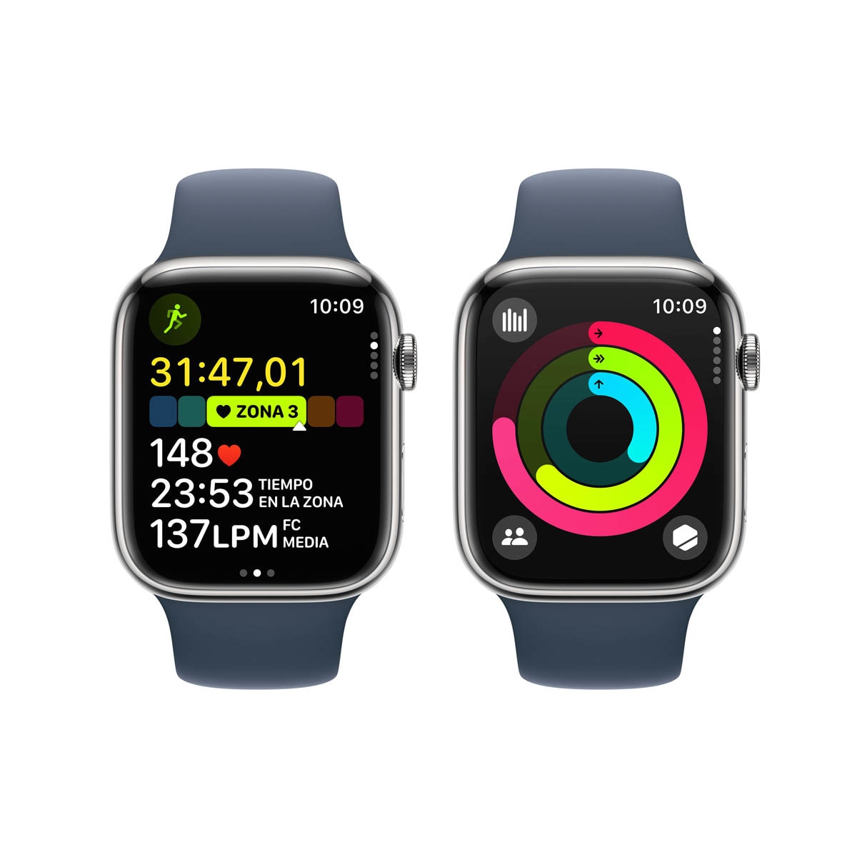 Apple Watch Series 9 GPS + Cellular 45 mm Aço inoxidável Prata com bracelete Storm Blue M/L Prata-9