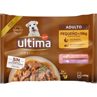 Fit&Delicious comida húmeda para perros minis adultos con salmón 2 sobres 100 g con pavo 2 sobres 100 g - Ultima