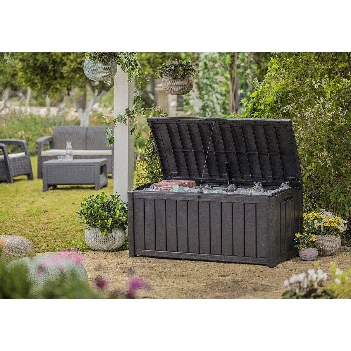 Arcón de jardíon resina, 390 litros, 122 x 54 x 58 cm Marrón-10