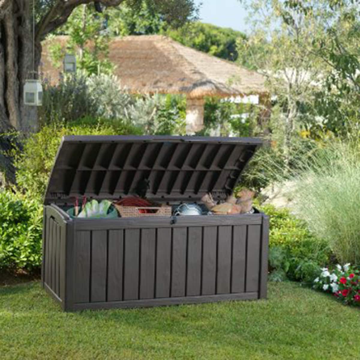 Arcón de jardíon resina, 390 litros, 122 x 54 x 58 cm Marrón-6