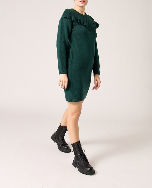 Imagen 0 de Vestido de punto liso mujer manga larga, cuello redondo, tiene detalle de trenzados y volante en la parte delantera