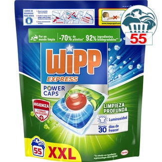 detergente cápsulas Power Caps Limpieza Profunda higieniza y combate malos olores bolsa 55 cápsulas - Wipp Express