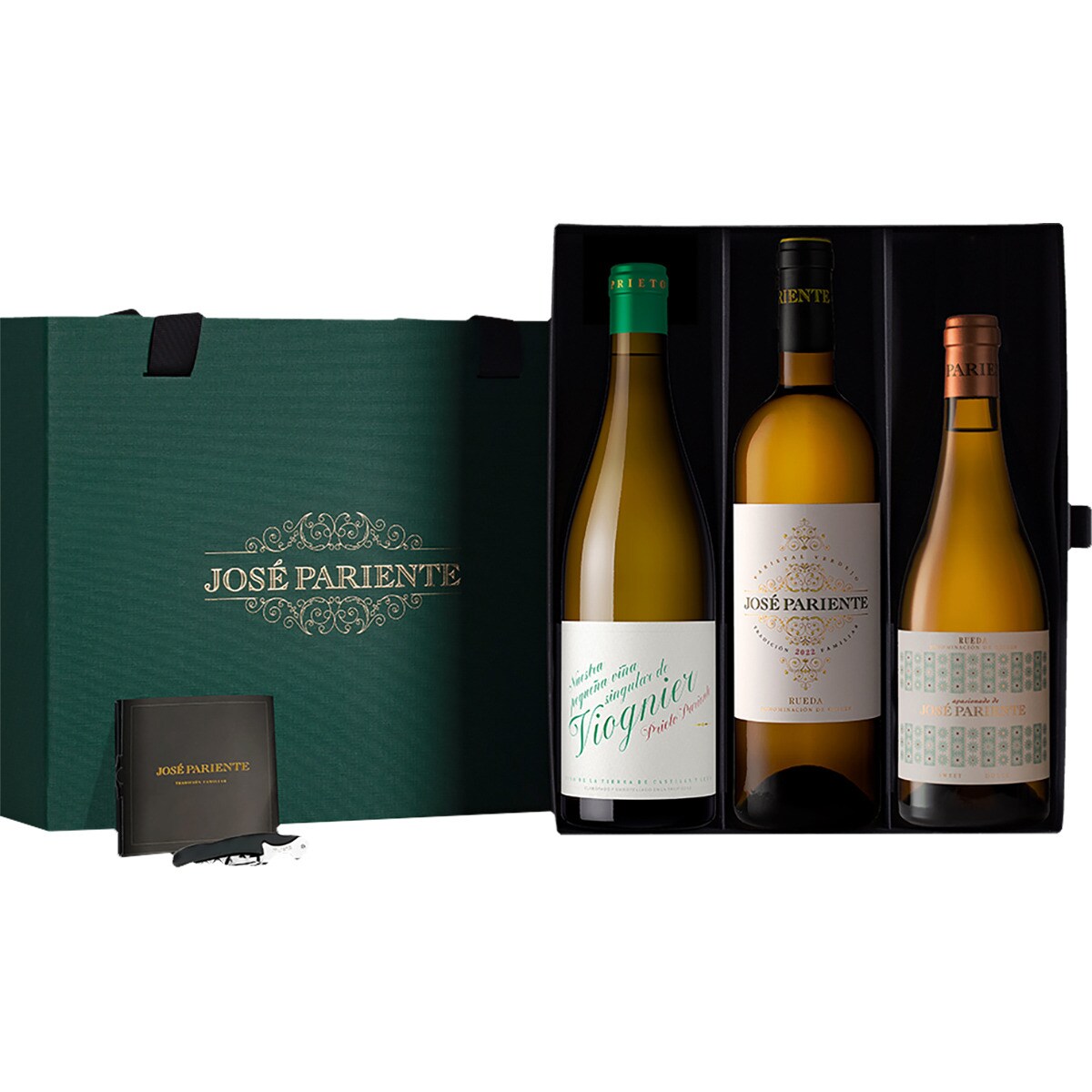 vino blanco DO Rueda Prieto Pariente Viogner vino blanco VT Castilla Leon 2 botellas 75 cl + Apasionado vino blando DO Rueda botella 50 cl+ sacacorchos