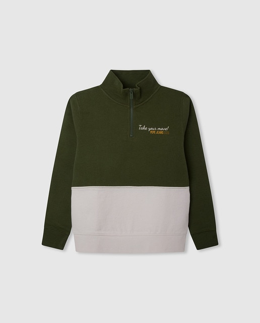Imagen 0 de Sudadera de niño color block en verde y blanco con cuello cremallera