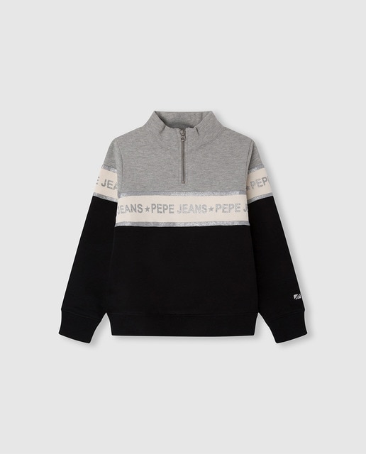 Imagen 0 de Sudadera de niña color block gris y negro con logo glitter en panel y cuello cremallera
