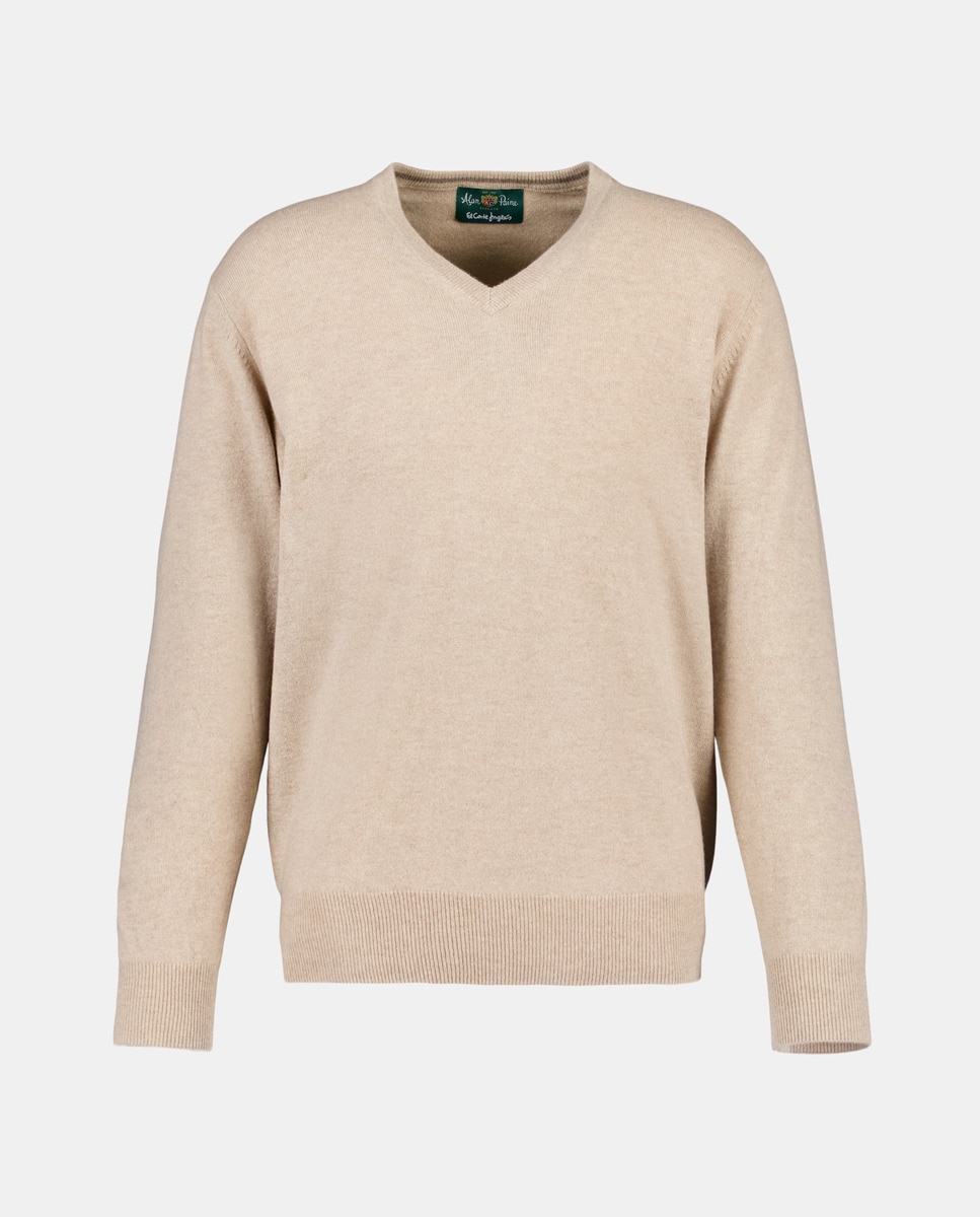 Camisola de Malha com Decote em Bico e em Lã 100% Caxemira Nude-4