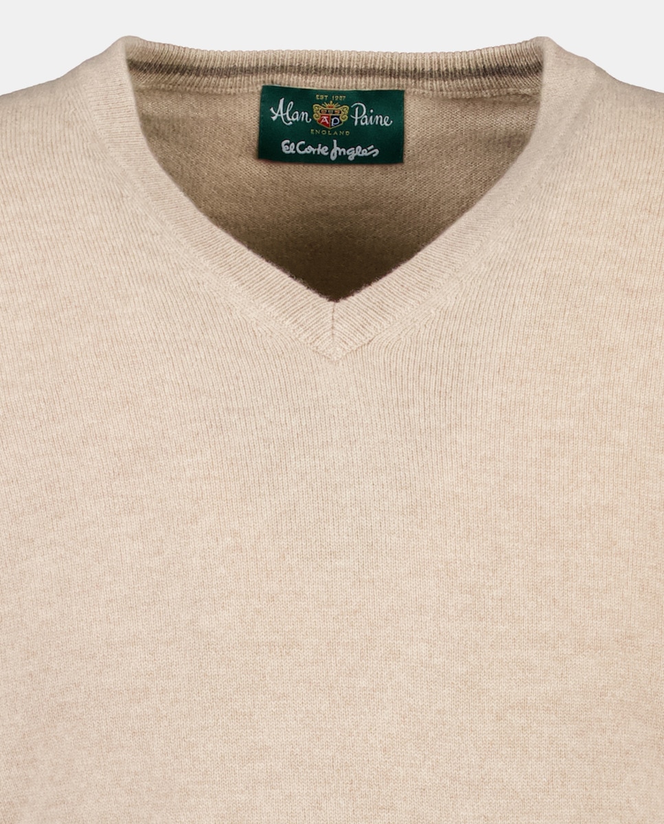 Camisola de Malha com Decote em Bico e em Lã 100% Caxemira Nude-5