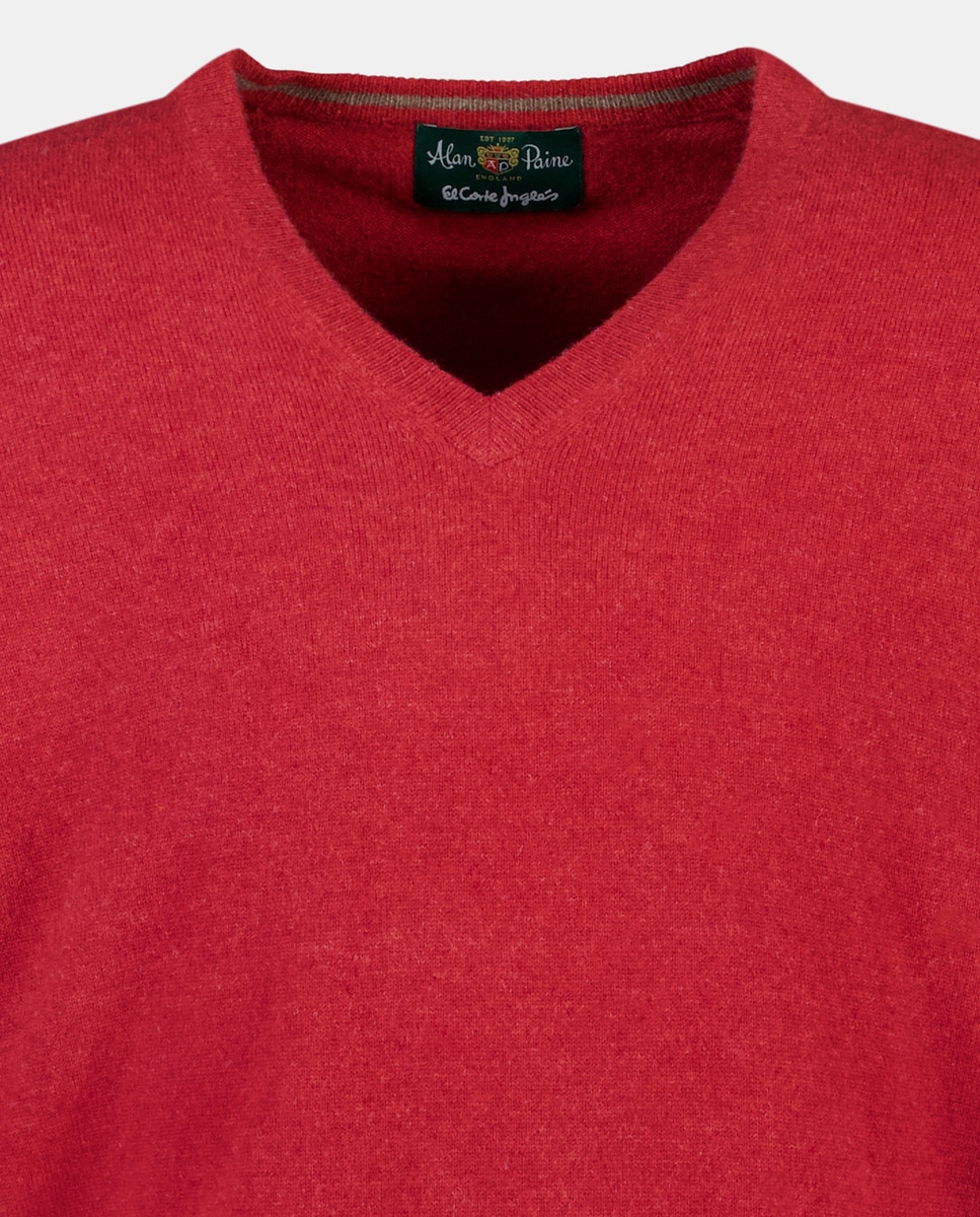 Camisola de Malha com Decote em Bico e em Lã 100% Caxemira Vermelho-5