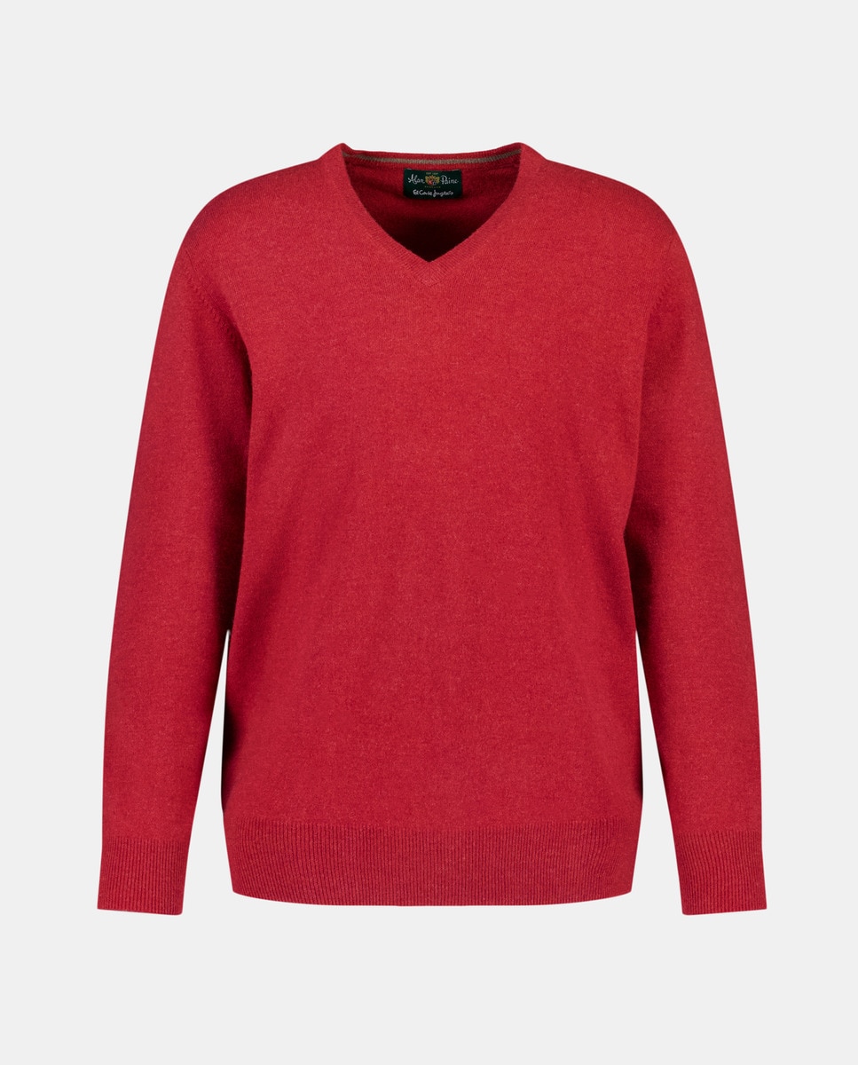 Camisola de Malha com Decote em Bico e em Lã 100% Caxemira Vermelho-4