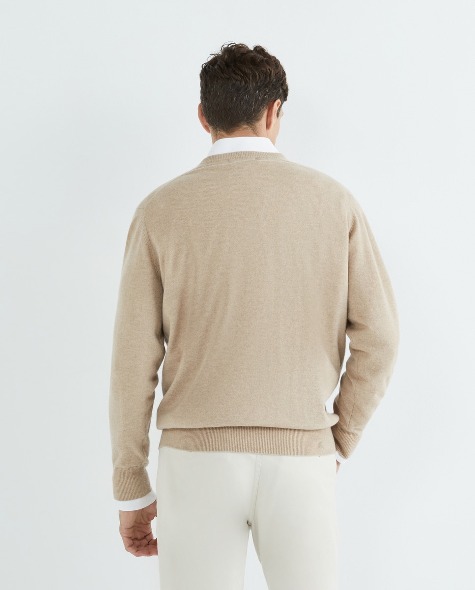 Camisola de Malha com Decote em Bico e em Lã 100% Caxemira Nude-6