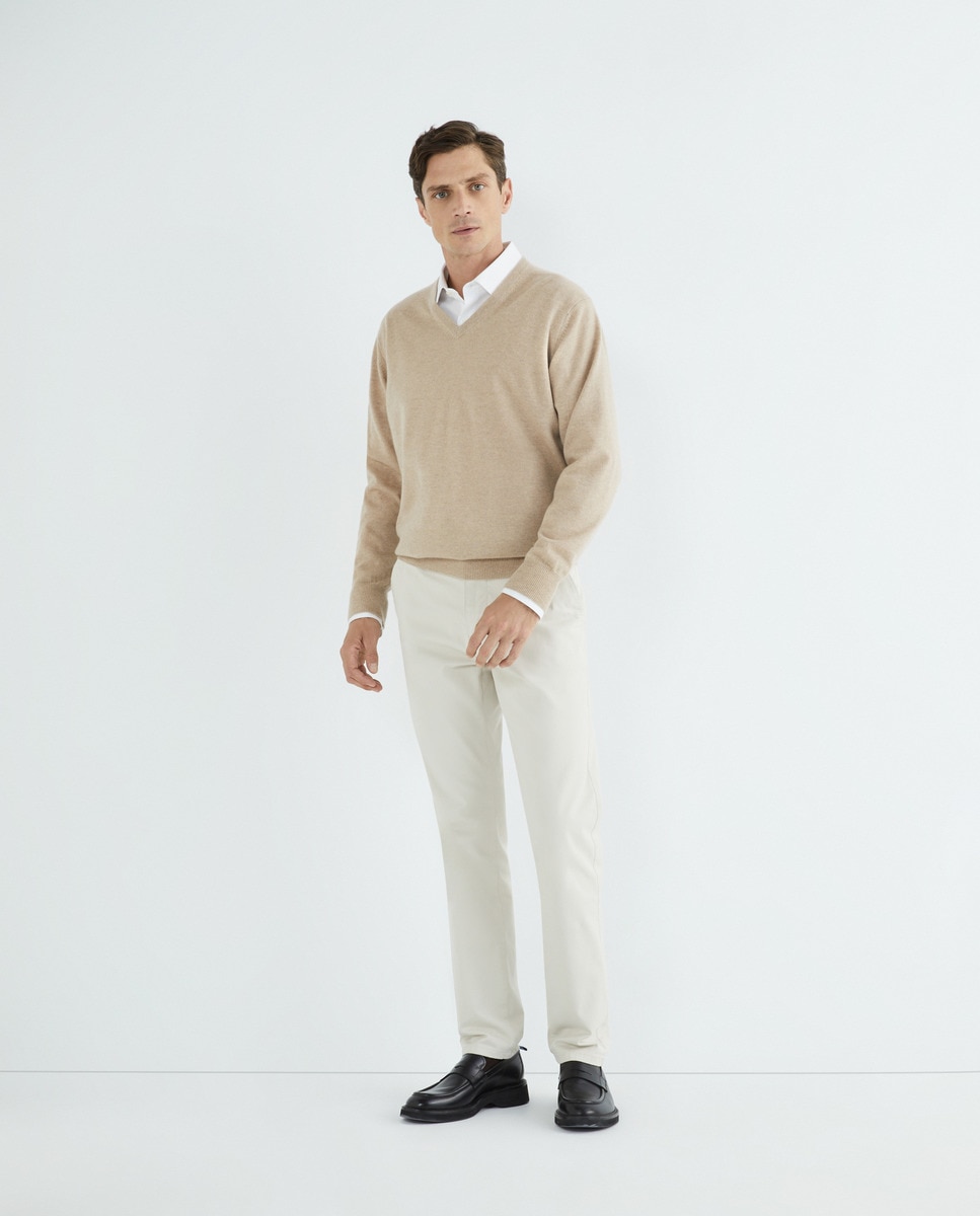 Camisola de Malha com Decote em Bico e em Lã 100% Caxemira Nude-3