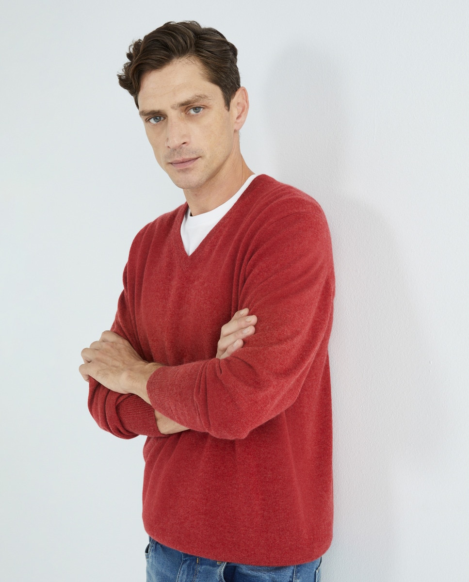 Camisola de Malha com Decote em Bico e em Lã 100% Caxemira Vermelho-1