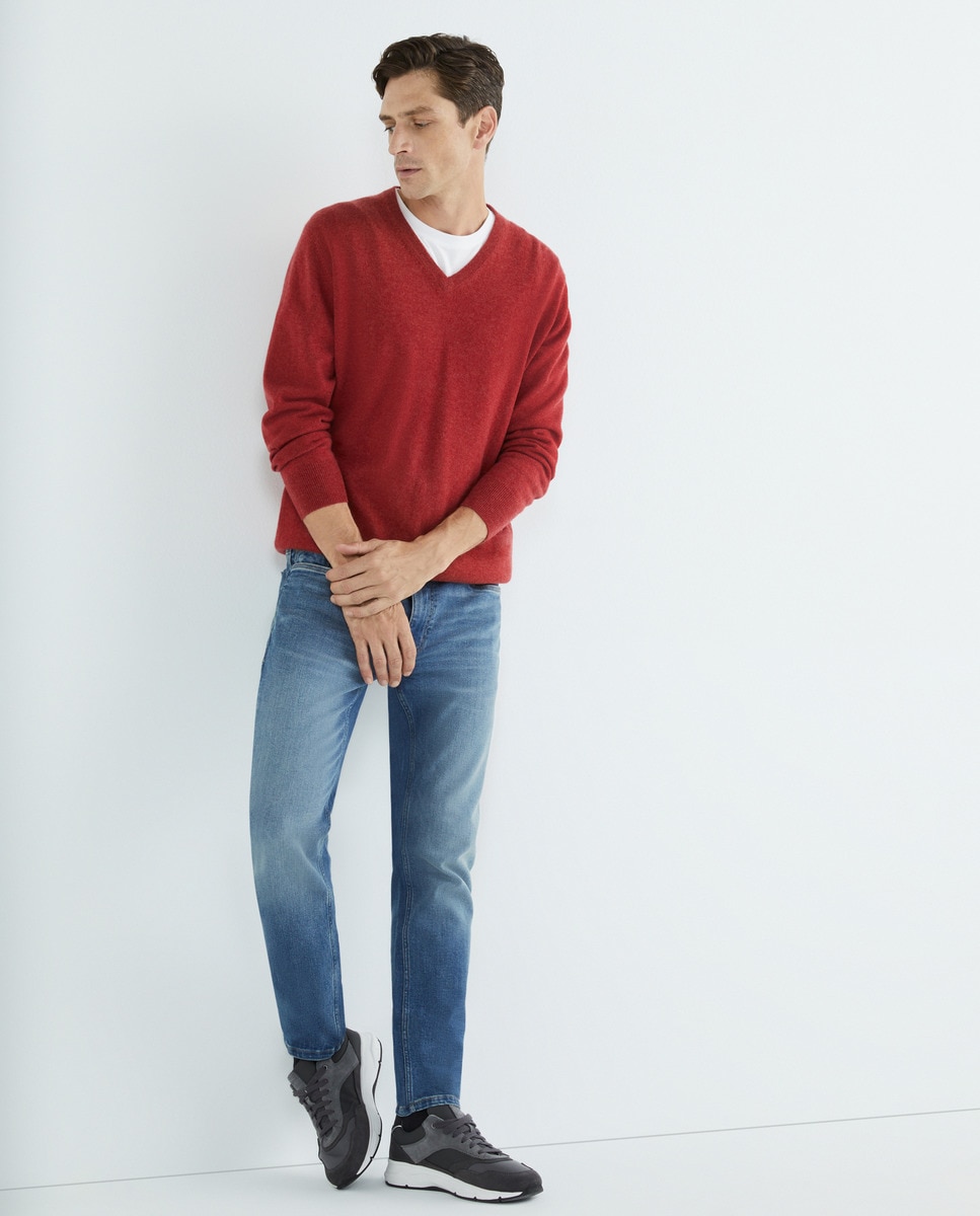 Camisola de Malha com Decote em Bico e em Lã 100% Caxemira Vermelho-3