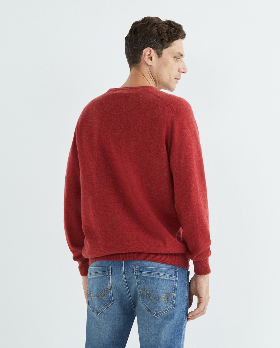 Camisola de Malha com Decote em Bico e em Lã 100% Caxemira Vermelho-6