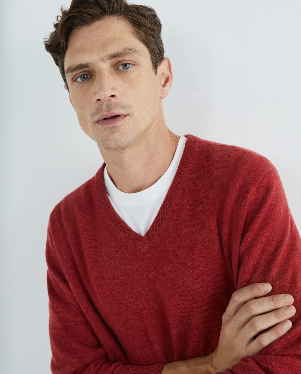 Camisola de Malha com Decote em Bico e em Lã 100% Caxemira Vermelho-2
