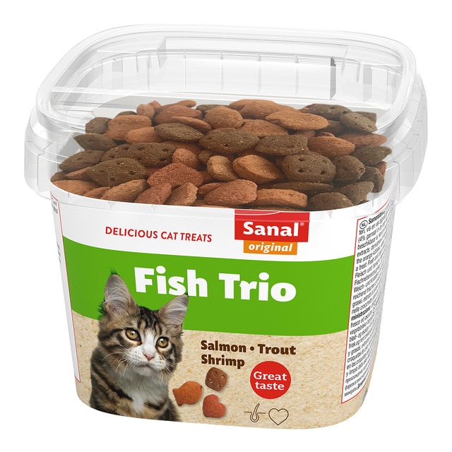 Imagen 0 de Snack para gatos adultos Sanal bocaditos trío salmón, trucha y camarones 75 g