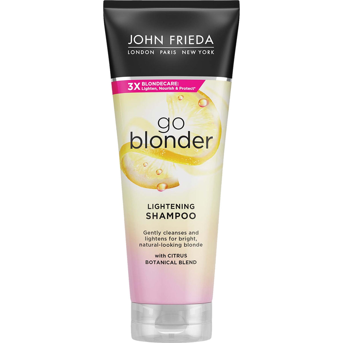 champú aclarante Go Blonder con mezcla botánica cítrica tubo 250 ml para cabellos rubios