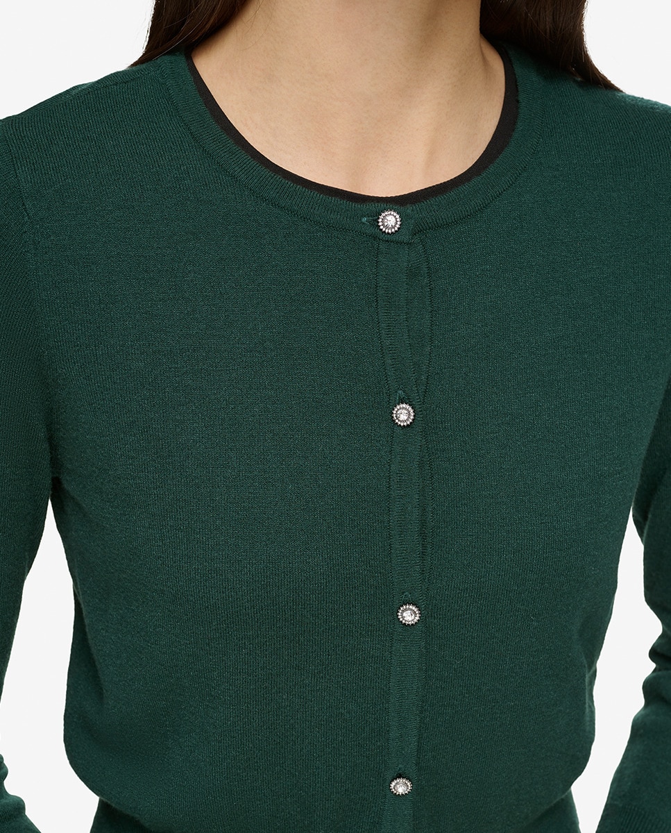 Cardigan com Decote Redondo e Manga Comprida Verde-escuro-4