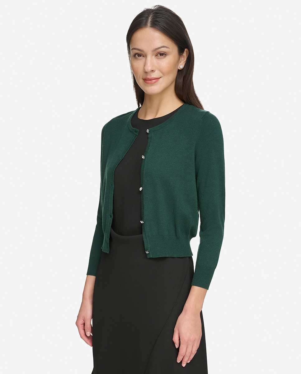 Cardigan com Decote Redondo e Manga Comprida Verde-escuro-3