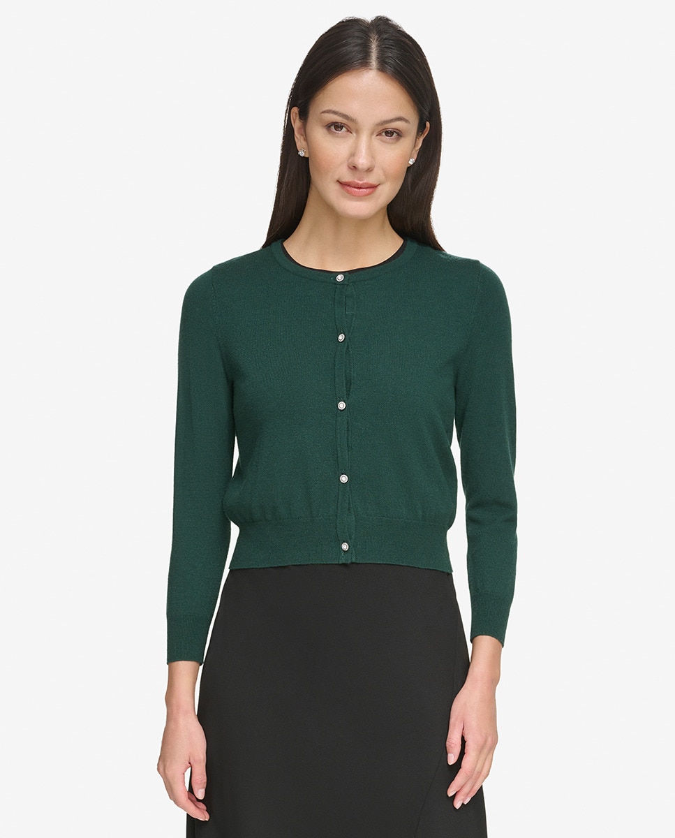 Cardigan com Decote Redondo e Manga Comprida Verde-escuro-1