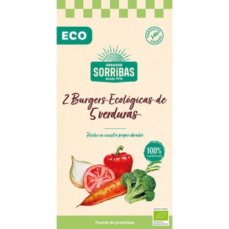 hamburguesas de 5 verduras ecológicsa y veganas 2 unidades envase 160 g - Obrador Sorribas